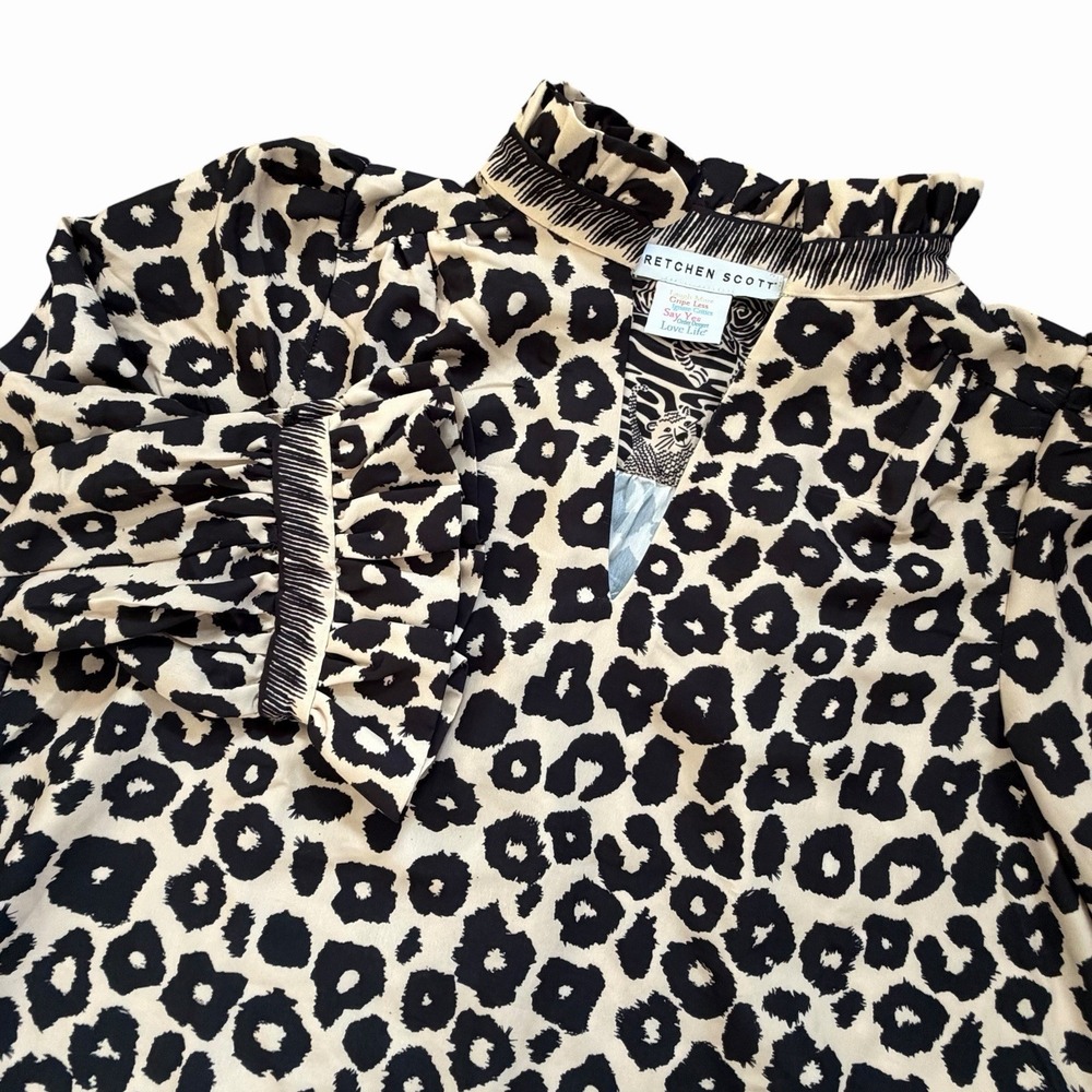 Gretchen Scott tan black leopard animal print safari button front top Medium - Picture 3 of 10